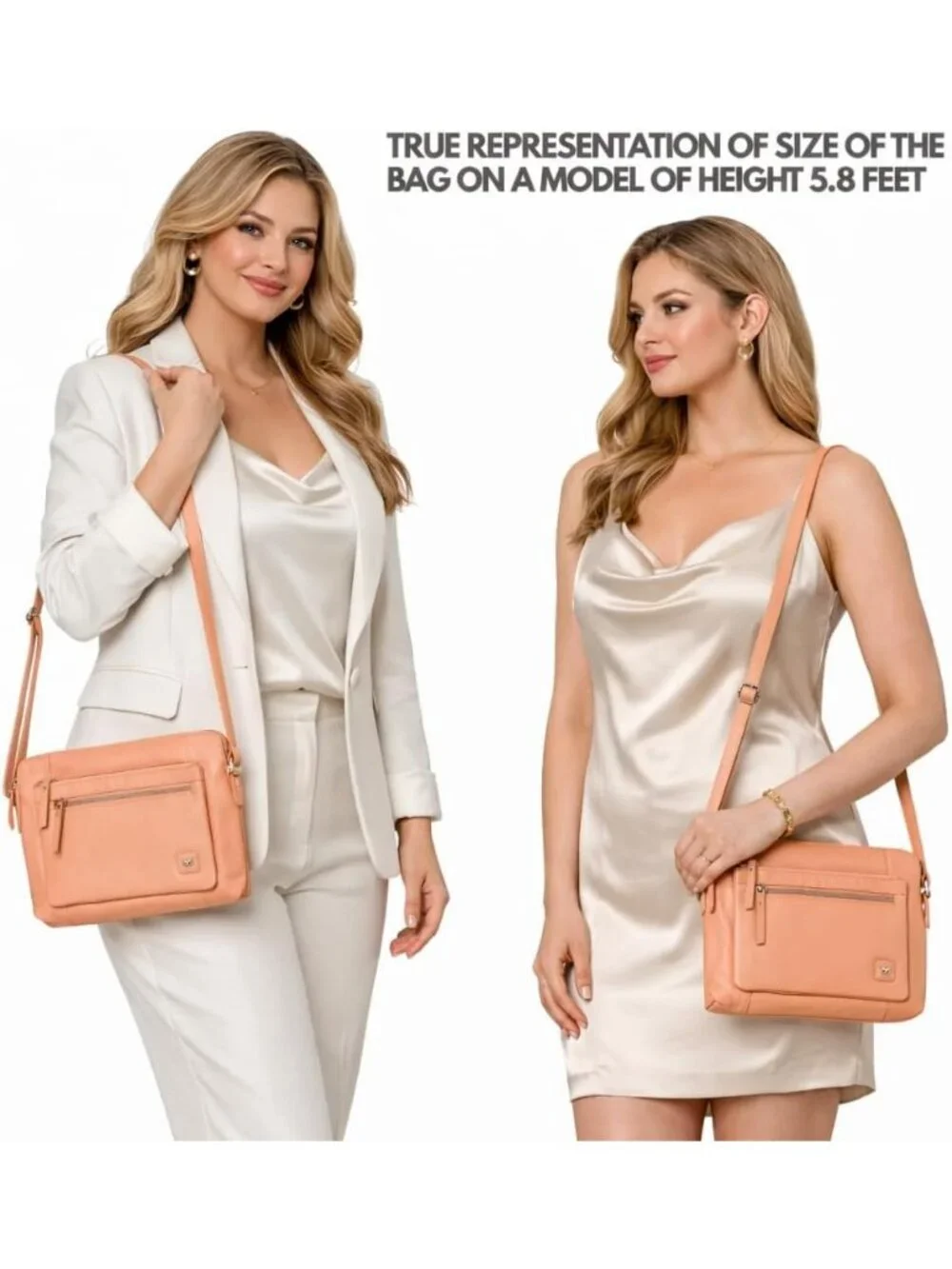 Women's Peach Genuine Leather Sling Purse with Adjustable Strap Crossbody bag